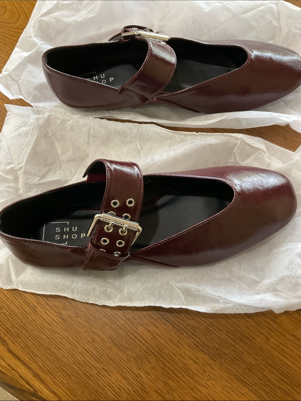 Shu Shop burgundy buckle flats. New! Size 9